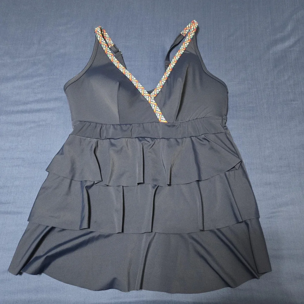 Cacique Swim Top Womens 16 Blue Ruffle Tiered Tank Built‎ In Bra Briefs Plus